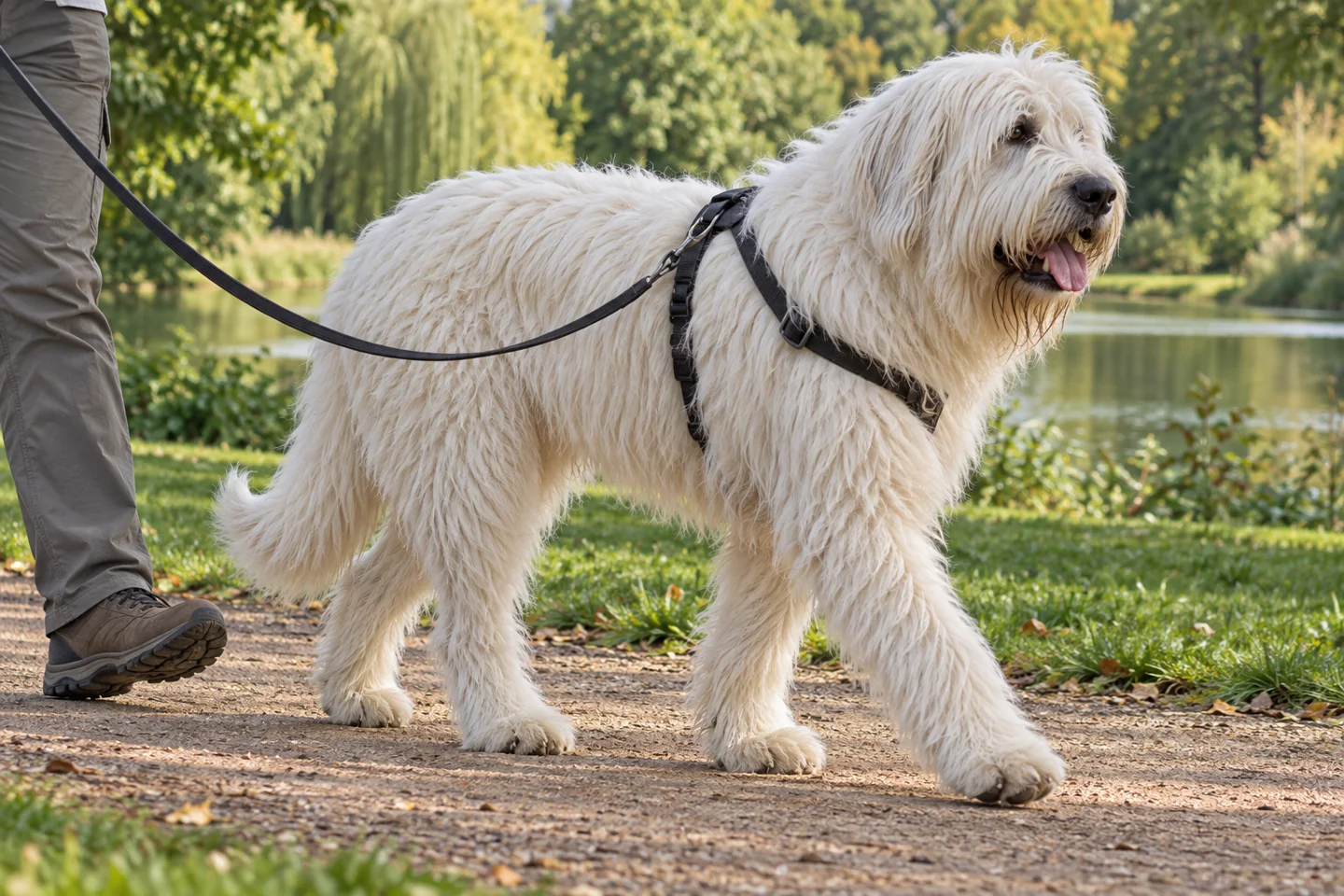 South Russian Shepherd Dog adult walking in a harness beside an adult handler, with breed-specific coat and natural anatomy