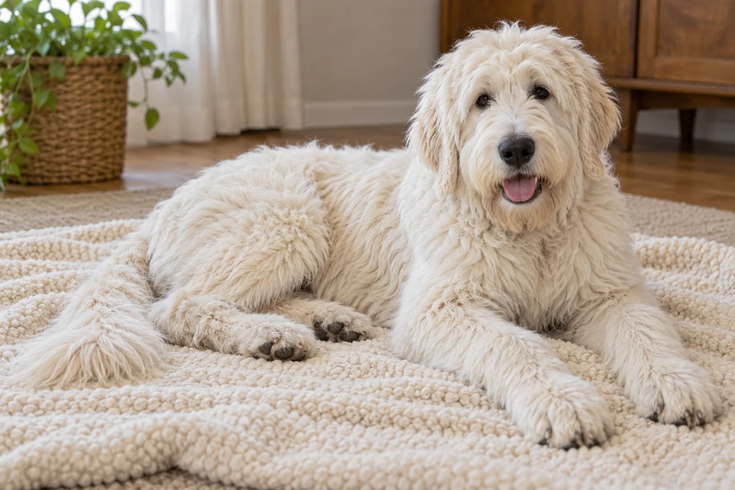 South Russian Shepherd Dog older puppy resting on a blanket indoors, with breed-specific coat and natural anatomy