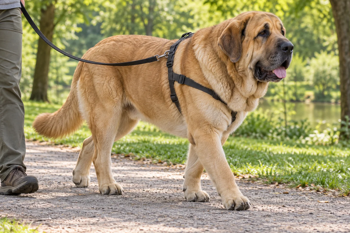 Spanish Mastiff adult walking in a harness beside an adult handler, with breed-specific coat and natural anatomy