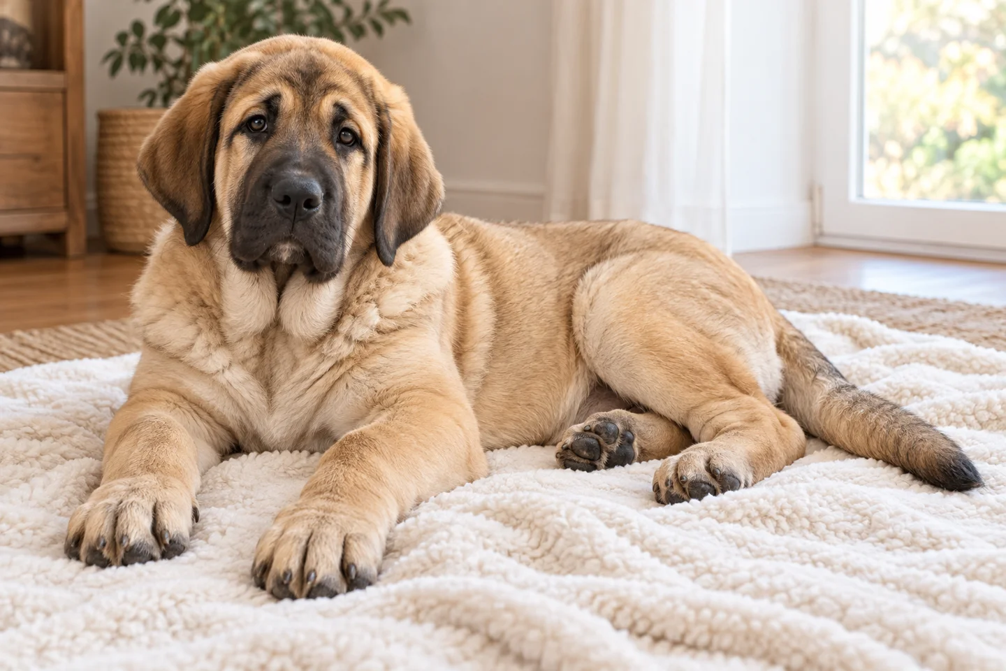 Spanish Mastiff older puppy resting on a blanket indoors, with breed-specific coat and natural anatomy