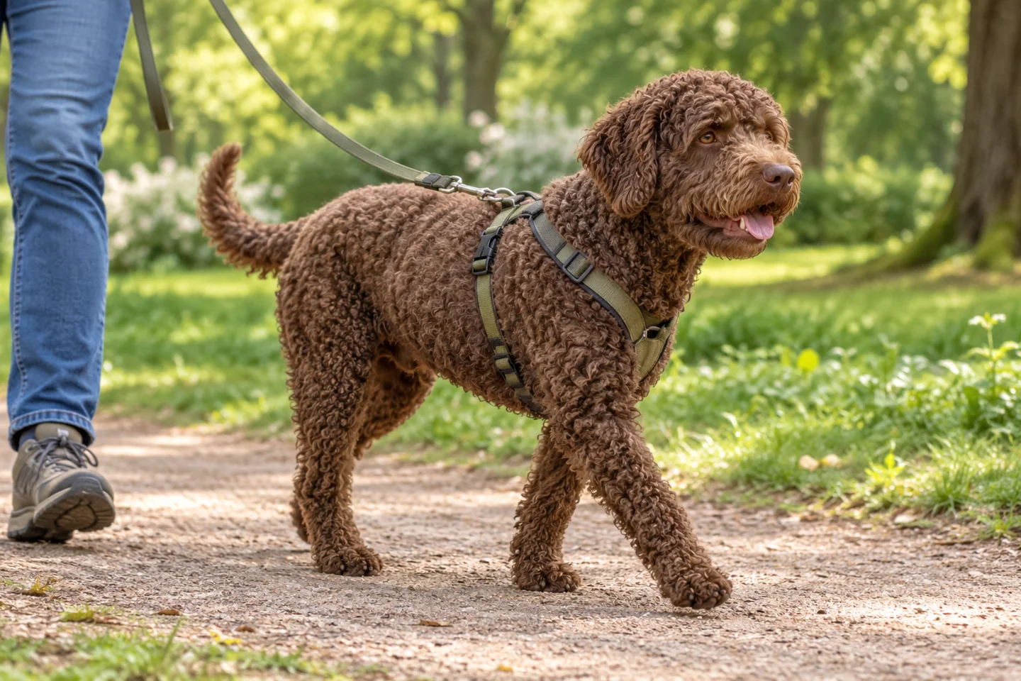 Spanish Water Dog adult walking in a harness beside an adult handler, with breed-specific coat and natural anatomy