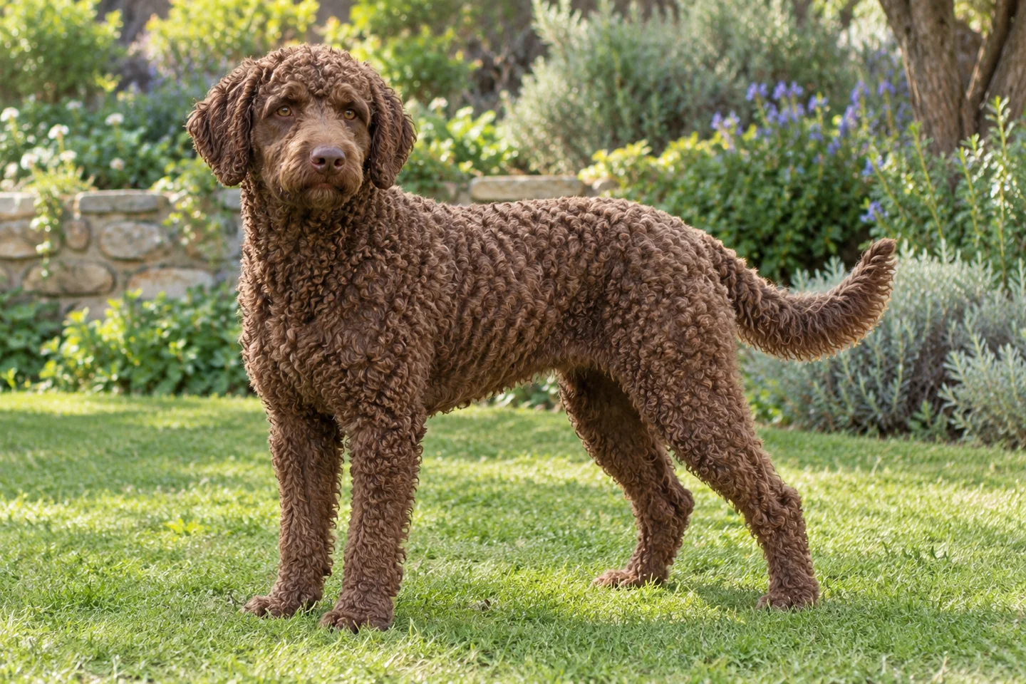 Spanish Water Dog adult standing naturally outdoors, with breed-specific coat and natural anatomy