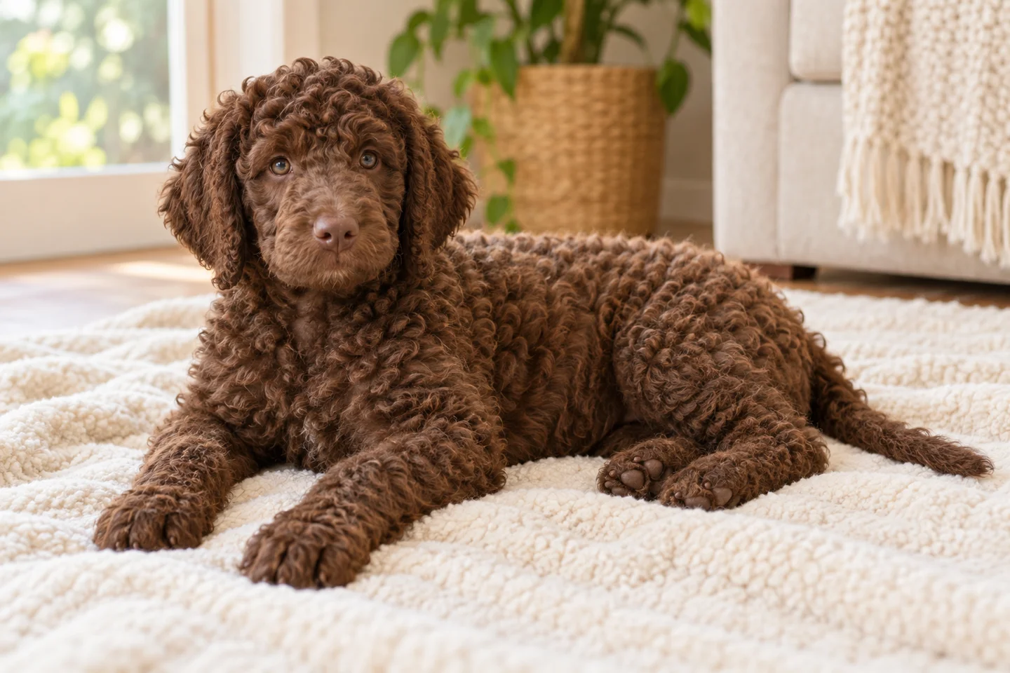 Spanish Water Dog older puppy resting on a blanket indoors, with breed-specific coat and natural anatomy