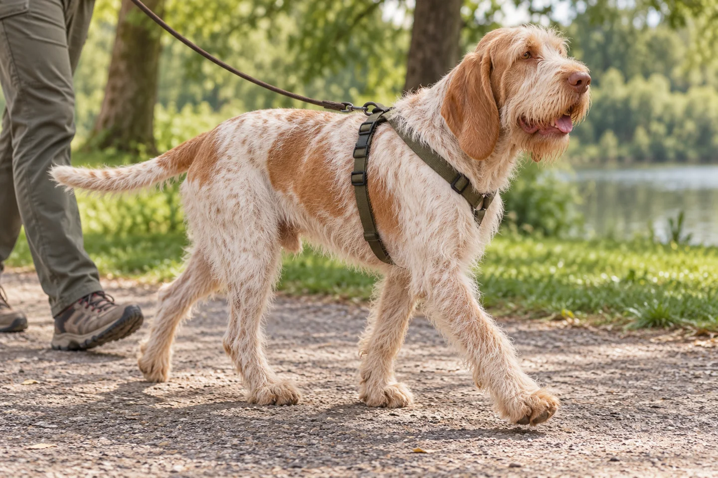 Spinone Italiano adult walking in a harness beside an adult handler, with breed-specific coat and natural anatomy