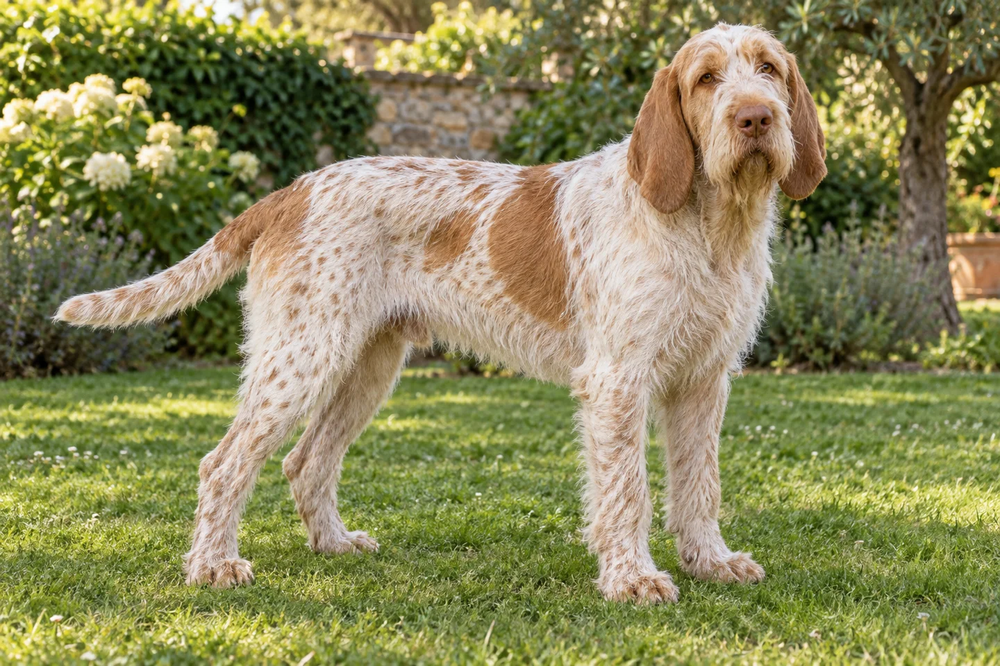 Spinone Italiano adult standing naturally outdoors, with breed-specific coat and natural anatomy