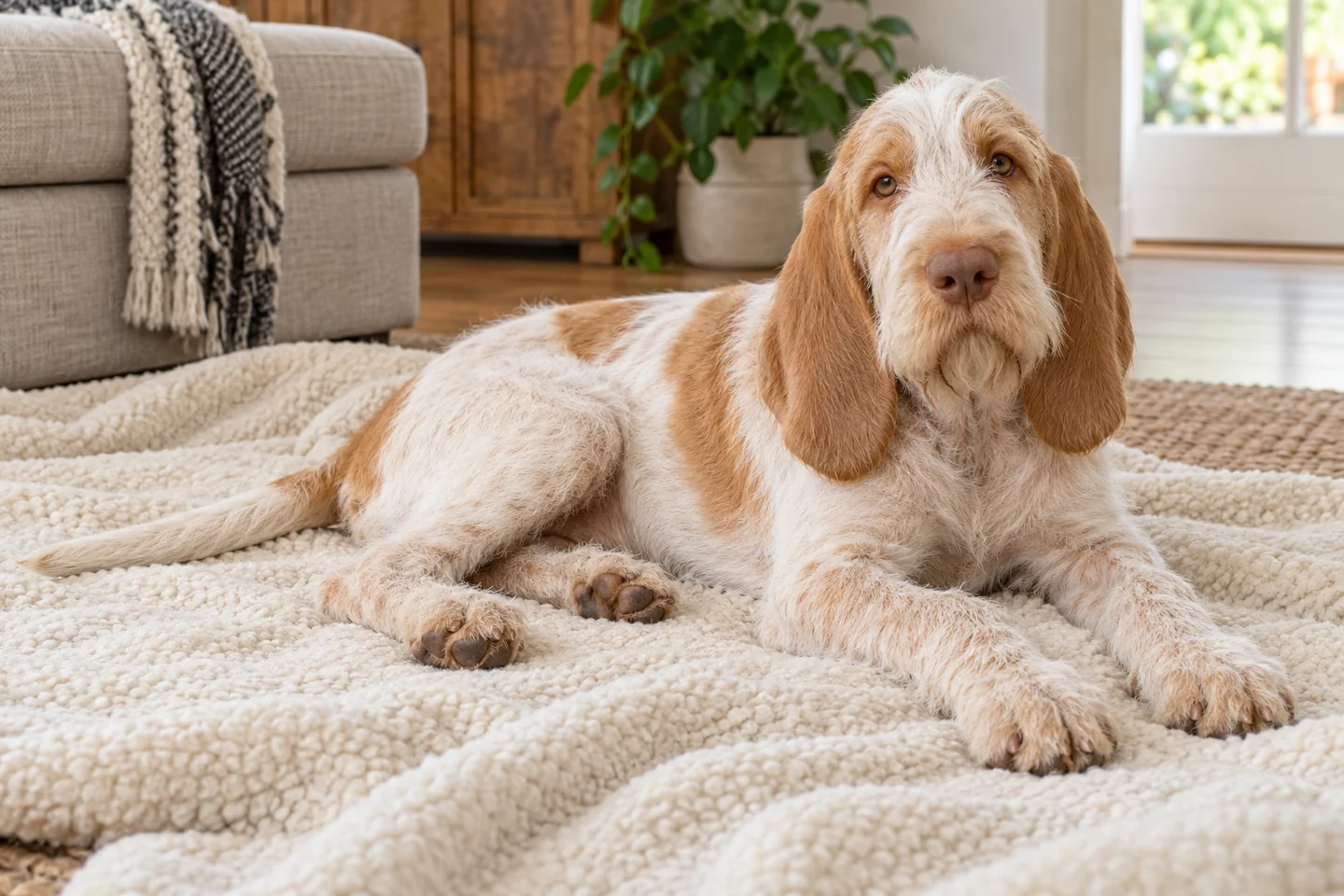 Spinone Italiano older puppy resting on a blanket indoors, with breed-specific coat and natural anatomy