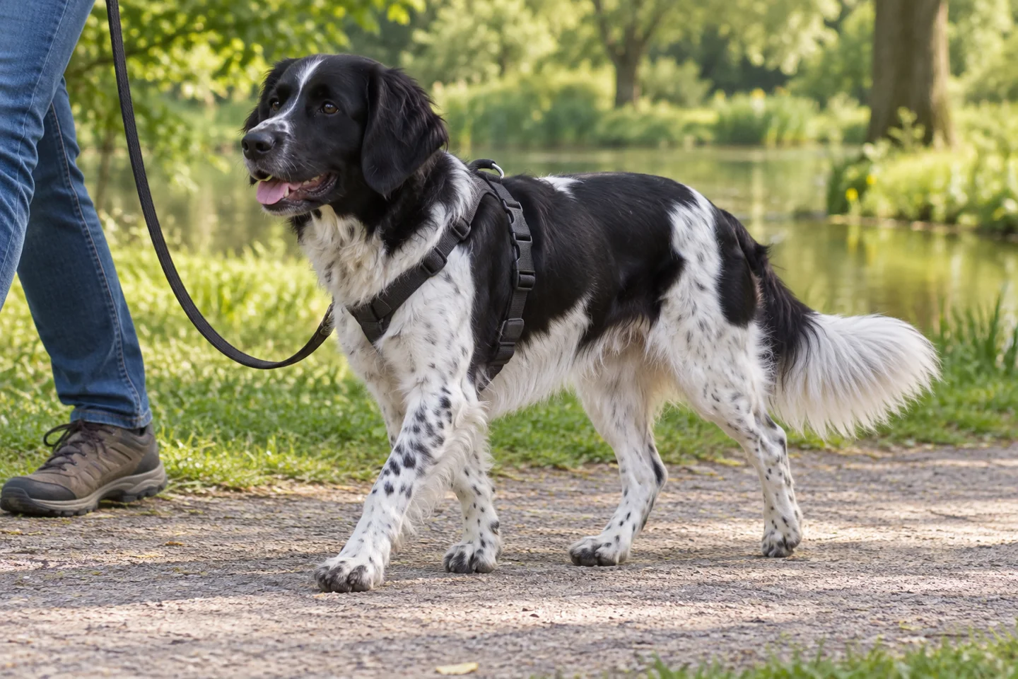 Stabyhoun adult walking in a harness beside an adult handler, with breed-specific coat and natural anatomy