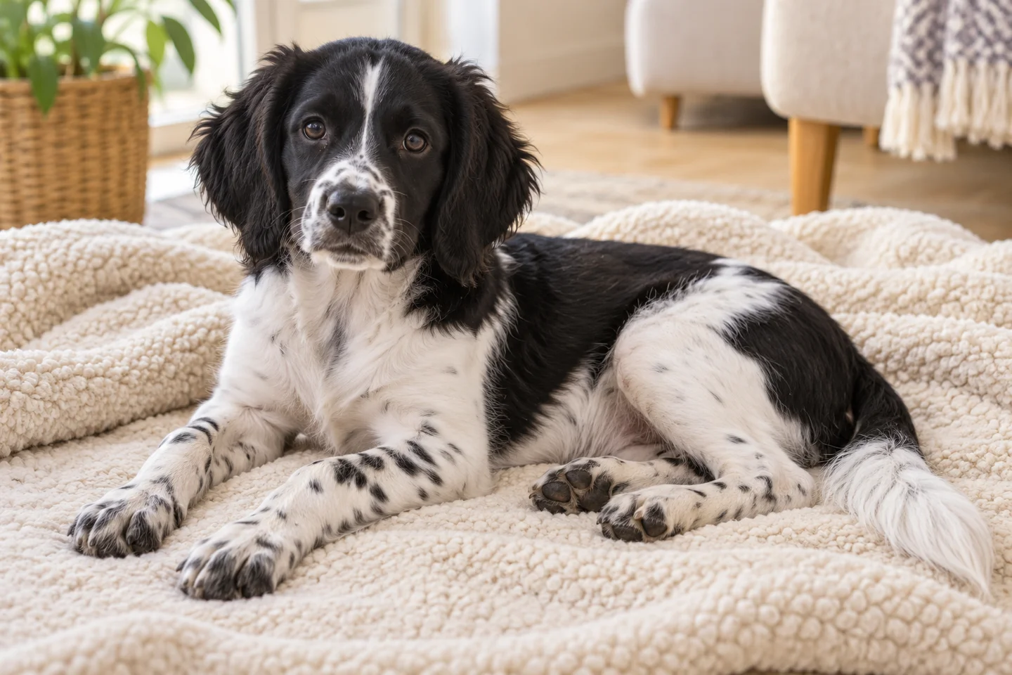 Stabyhoun older puppy resting on a blanket indoors, with breed-specific coat and natural anatomy