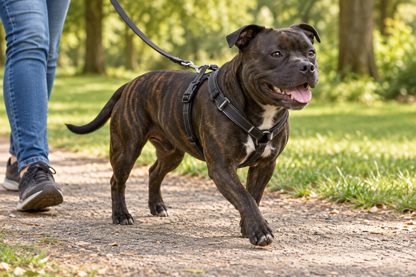 A black-brindle Staffordshire Bull Terrier walking on a slack harness lead beside an adult in a quiet park