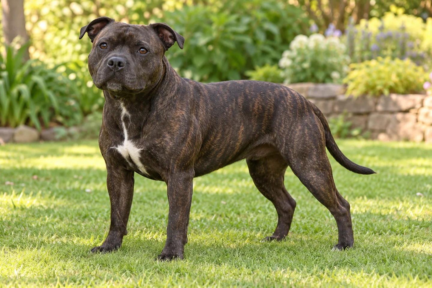 A black-brindle Staffordshire Bull Terrier with a small white chest, natural rose ears and full tail standing in a garden