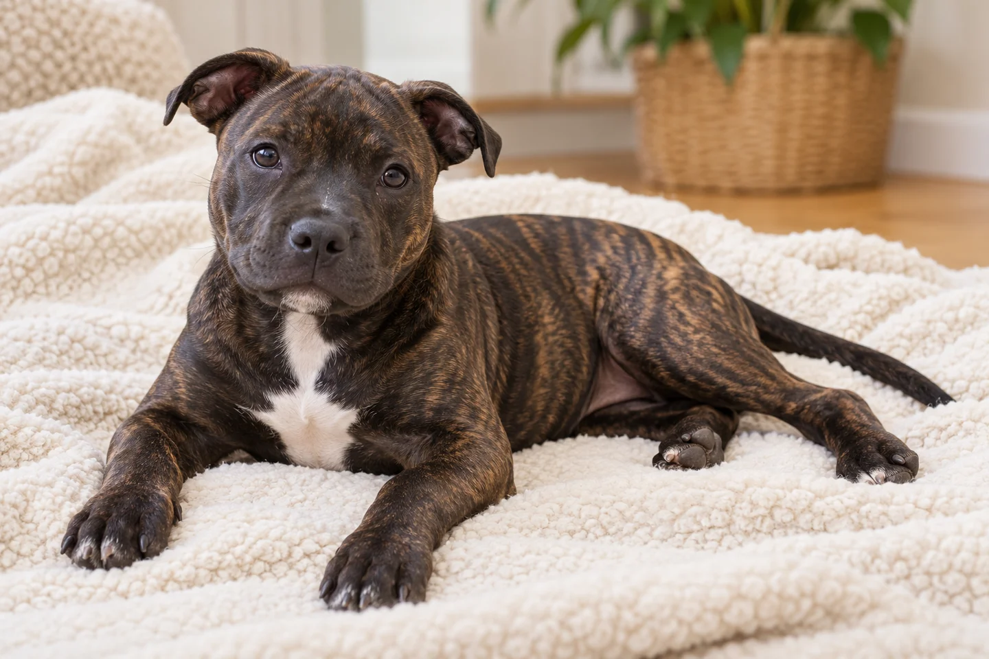 A black-brindle Staffordshire Bull Terrier puppy with a small white chest resting indoors