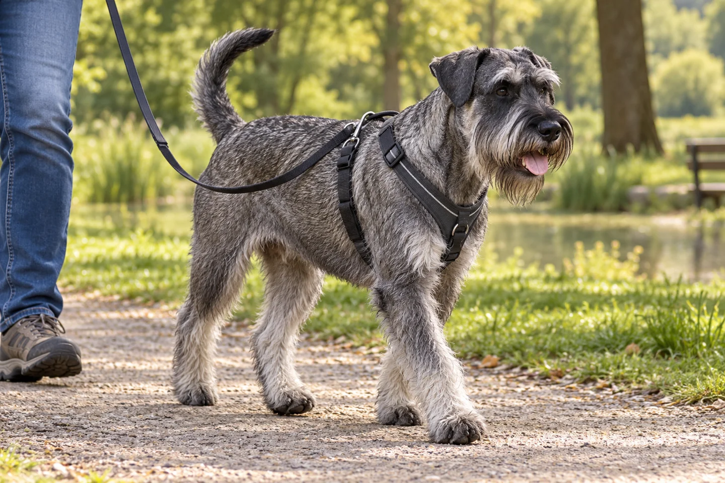 Standard Schnauzer adult walking in a harness beside an adult handler, with breed-specific coat and natural anatomy