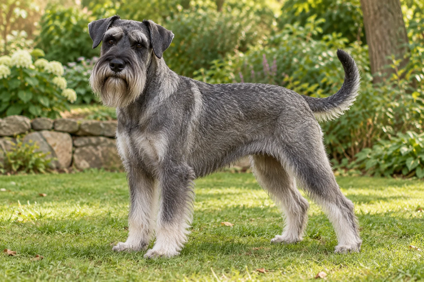 Standard Schnauzer adult standing naturally outdoors, with breed-specific coat and natural anatomy
