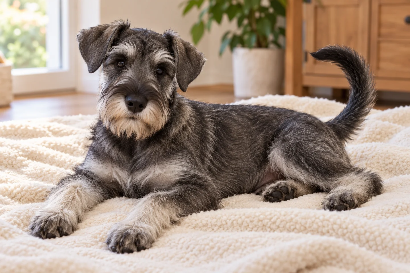 Standard Schnauzer older puppy resting on a blanket indoors, with breed-specific coat and natural anatomy
