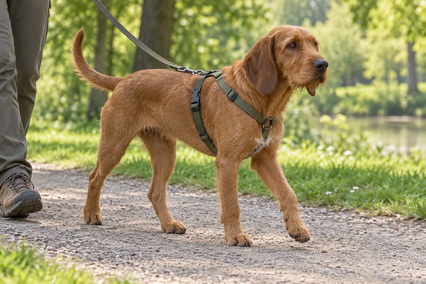 Styrian Coarse-haired Hound adult walking in a harness beside an adult handler, with breed-specific coat and natural anatomy
