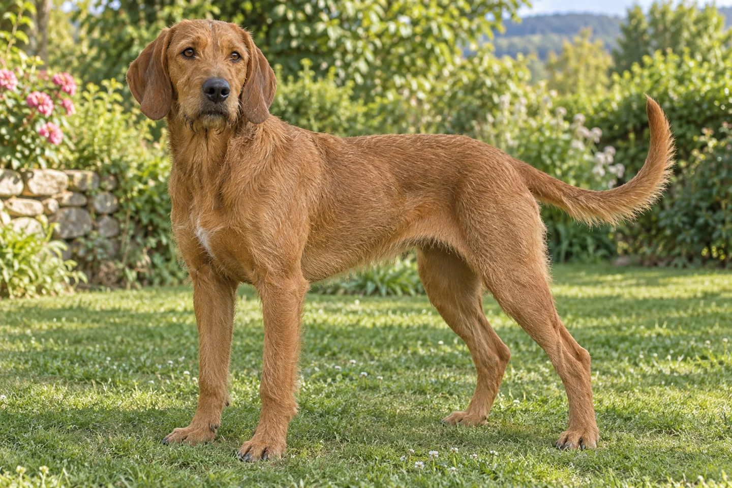 Styrian Coarse-haired Hound adult standing naturally outdoors, with breed-specific coat and natural anatomy