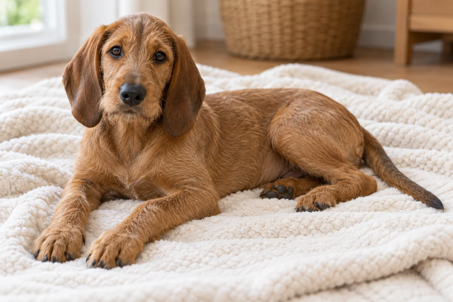 Styrian Coarse-haired Hound older puppy resting on a blanket indoors, with breed-specific coat and natural anatomy