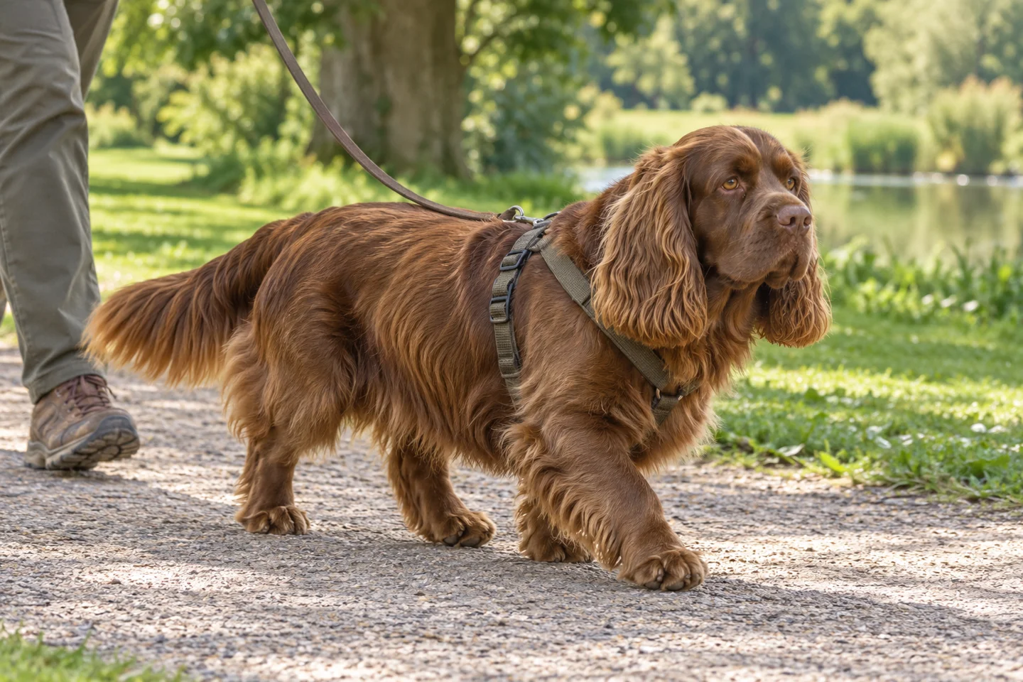 Sussex Spaniel adult walking in a harness beside an adult handler, with breed-specific coat and natural anatomy
