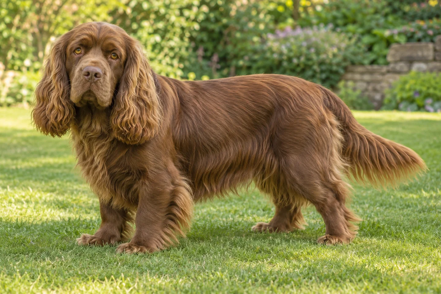 Sussex Spaniel adult standing naturally outdoors, with breed-specific coat and natural anatomy