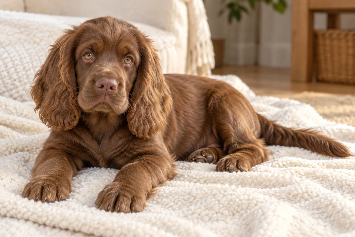 Sussex Spaniel older puppy resting on a blanket indoors, with breed-specific coat and natural anatomy