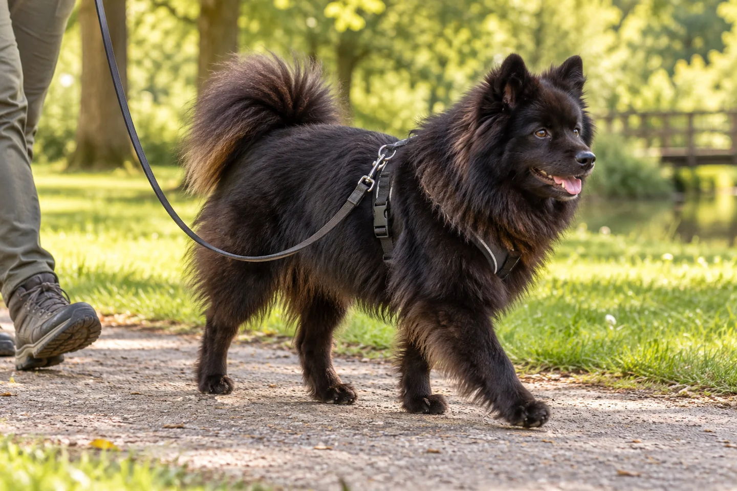 Swedish Lapphund adult walking in a harness beside an adult handler, with breed-specific coat and natural anatomy