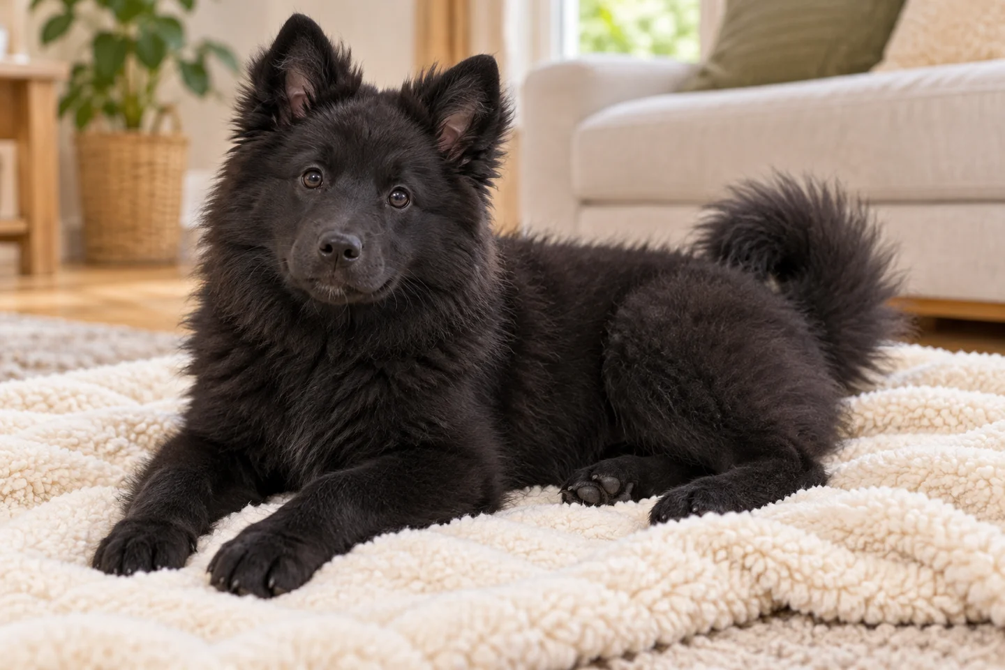 Swedish Lapphund older puppy resting on a blanket indoors, with breed-specific coat and natural anatomy