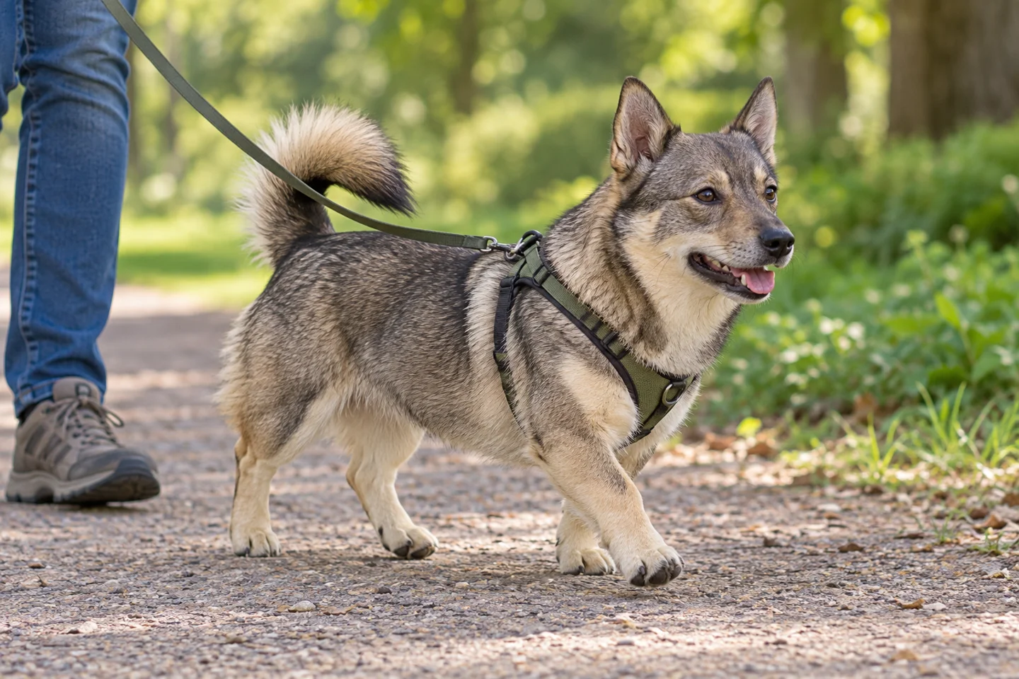 Swedish Vallhund walking in a fitted harness with an adult handler, illustrating grey sable with pale harness markings