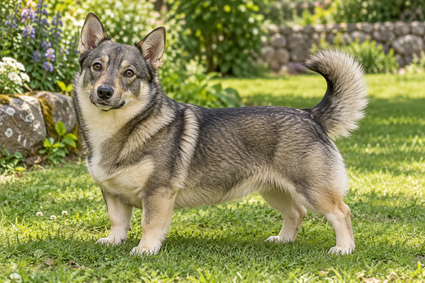 Swedish Vallhund adult standing on level ground, illustrating grey sable with pale harness markings