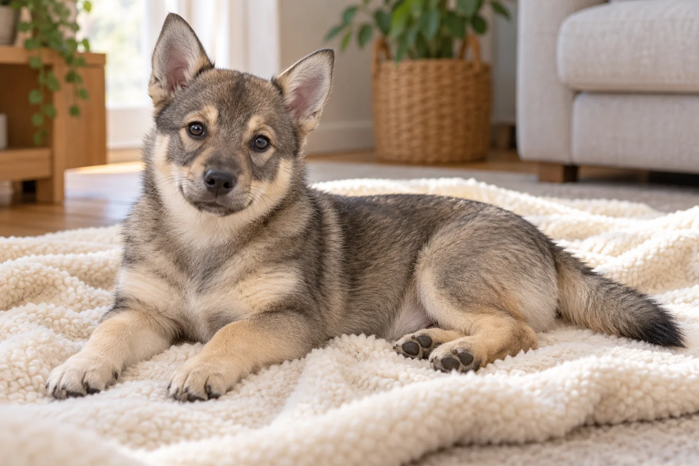 Swedish Vallhund young puppy resting comfortably indoors, illustrating grey sable with pale harness markings