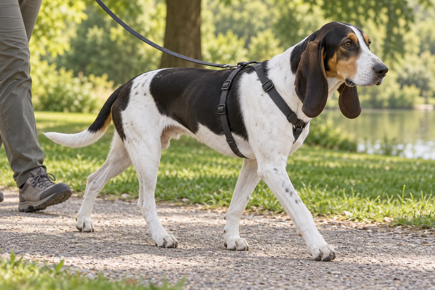 Swiss Hound walking in a fitted harness with an adult handler, illustrating bernese variety: white, black, and tan
