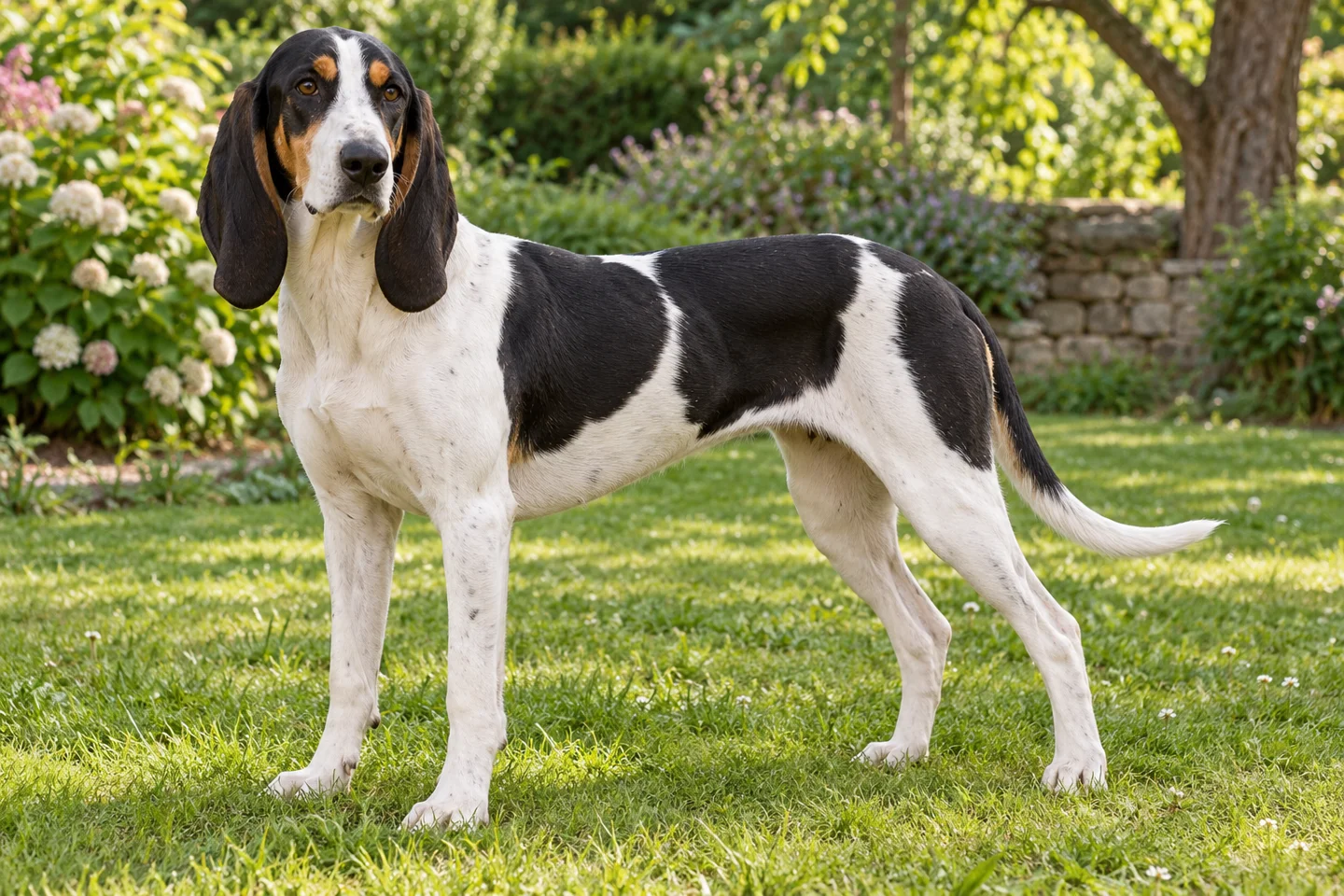 Swiss Hound adult standing on level ground, illustrating bernese variety: white, black, and tan