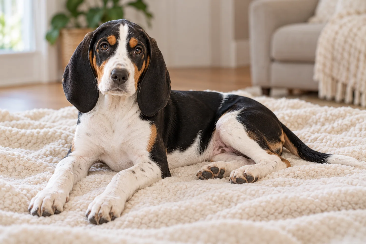 Swiss Hound young puppy resting comfortably indoors, illustrating bernese variety: white, black, and tan