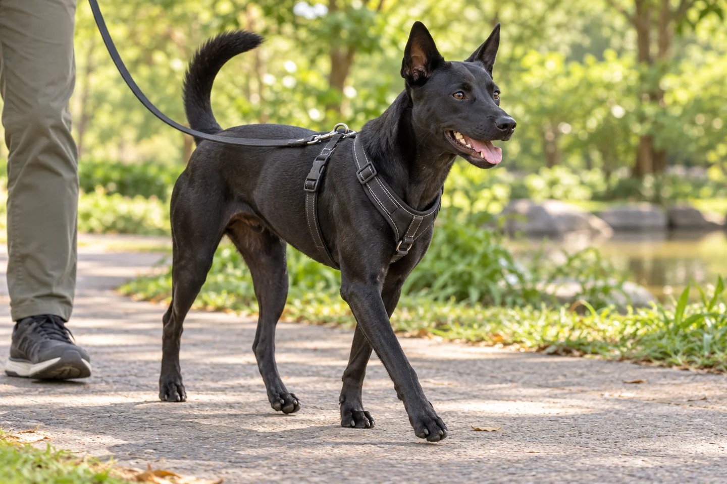 Taiwan Dog walking in a fitted harness with an adult handler, illustrating solid black short coat