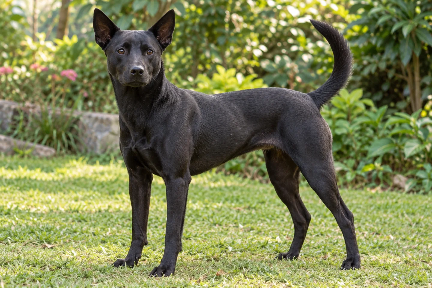 Taiwan Dog adult standing on level ground, illustrating solid black short coat
