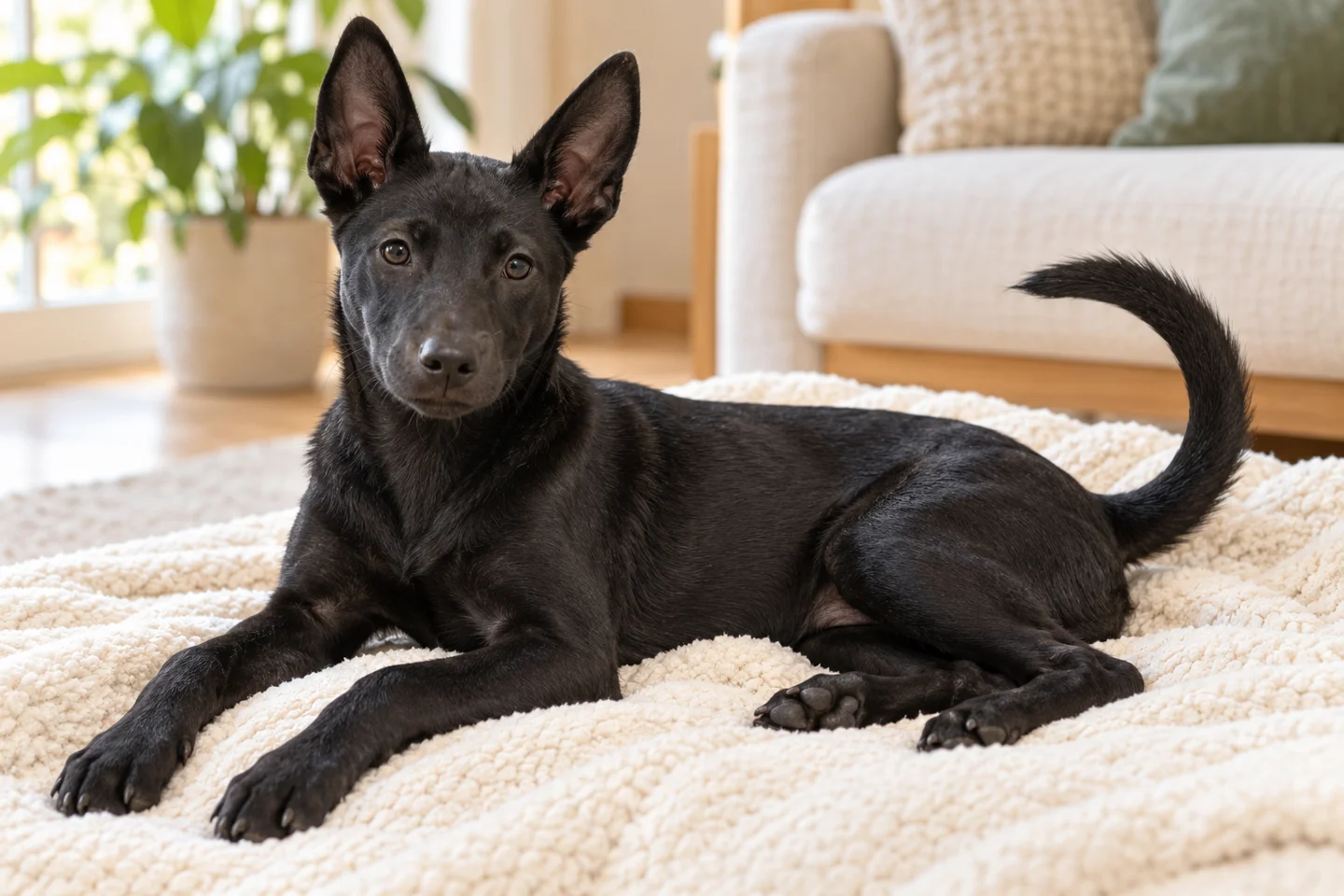 Taiwan Dog young puppy resting comfortably indoors, illustrating solid black short coat
