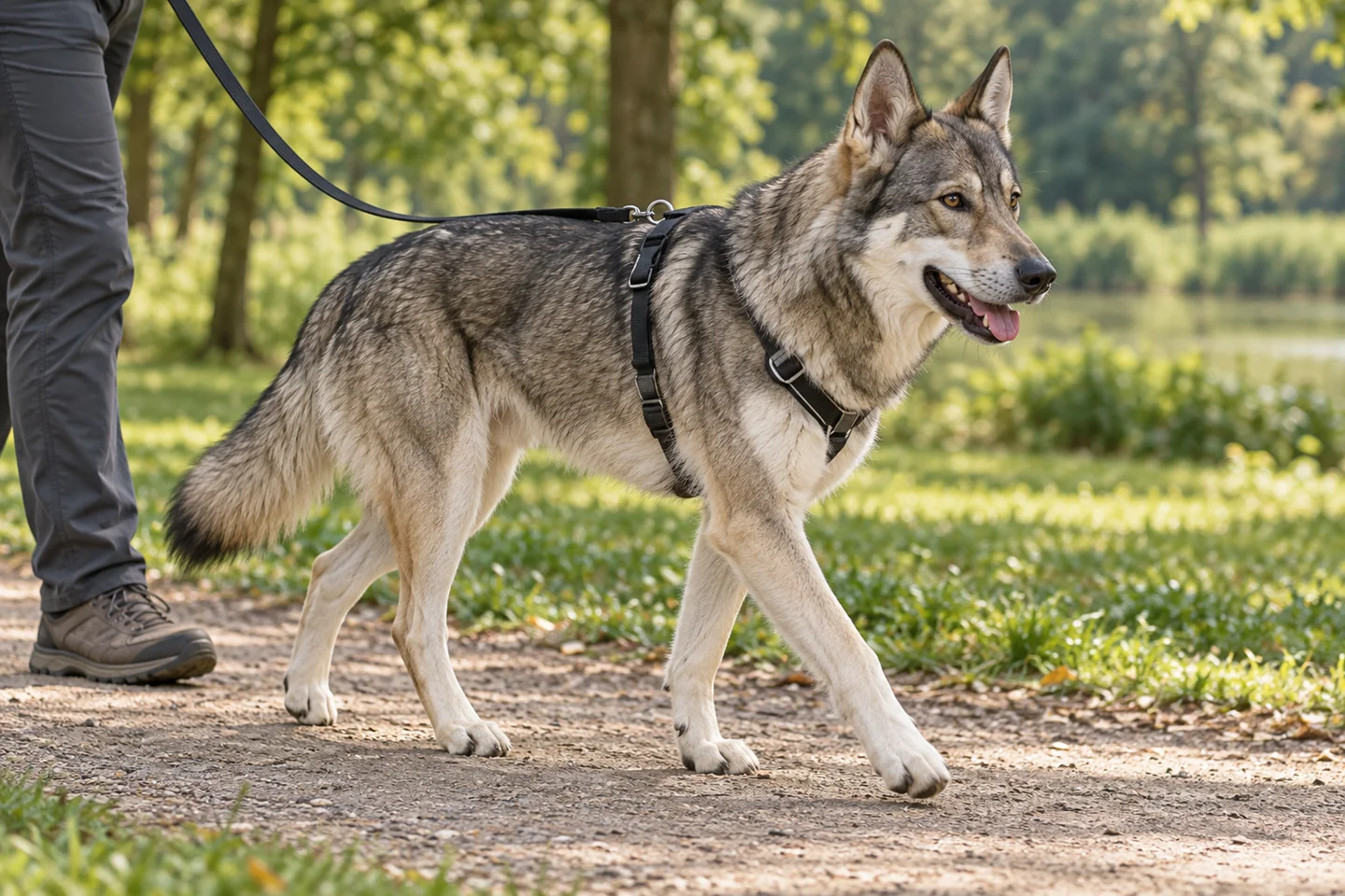 Tamaskan Dog walking in a fitted harness with an adult handler, illustrating wolf-grey agouti with mask