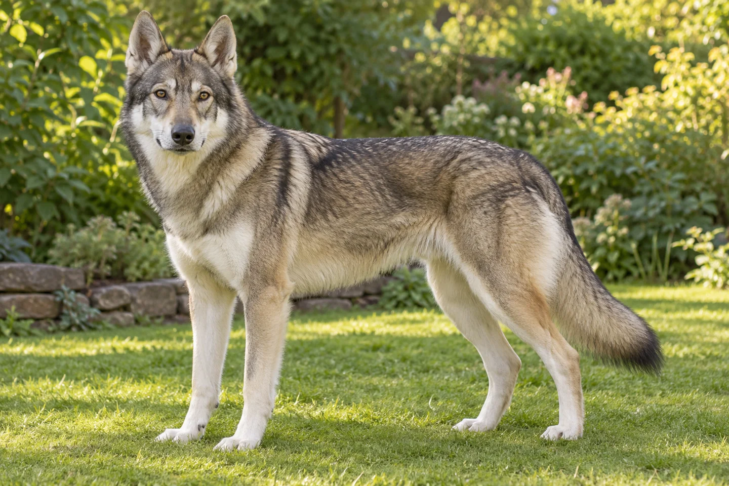 Tamaskan Dog adult standing on level ground, illustrating wolf-grey agouti with mask