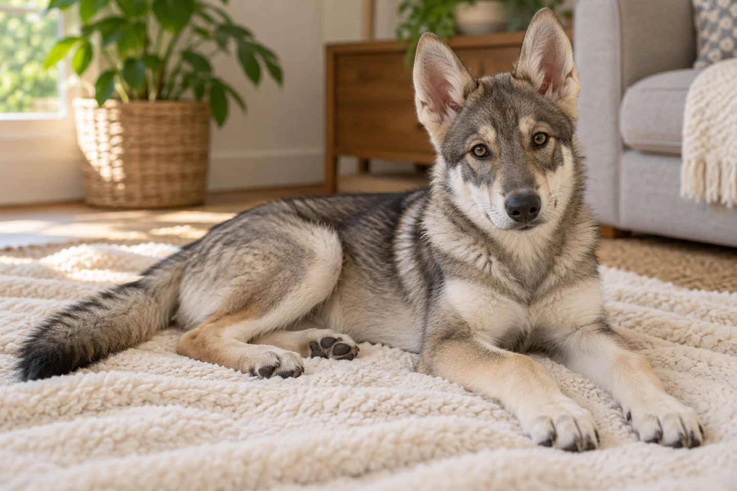 Tamaskan Dog young puppy resting comfortably indoors, illustrating wolf-grey agouti with mask