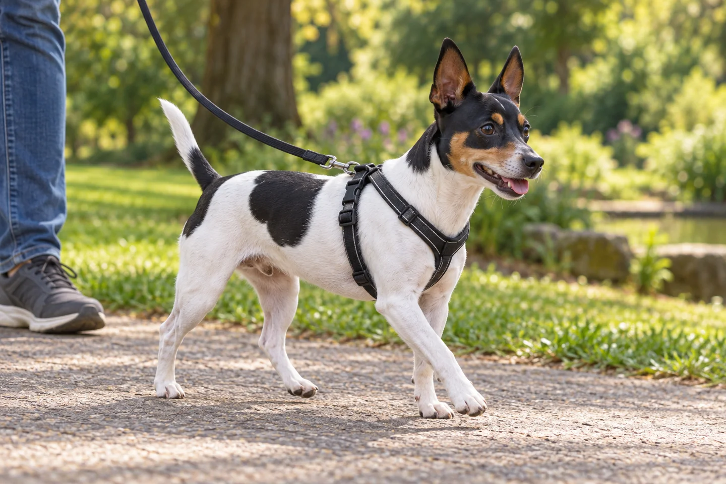 Teddy Roosevelt Terrier walking in a fitted harness with an adult handler, illustrating white, black, and tan smooth coat