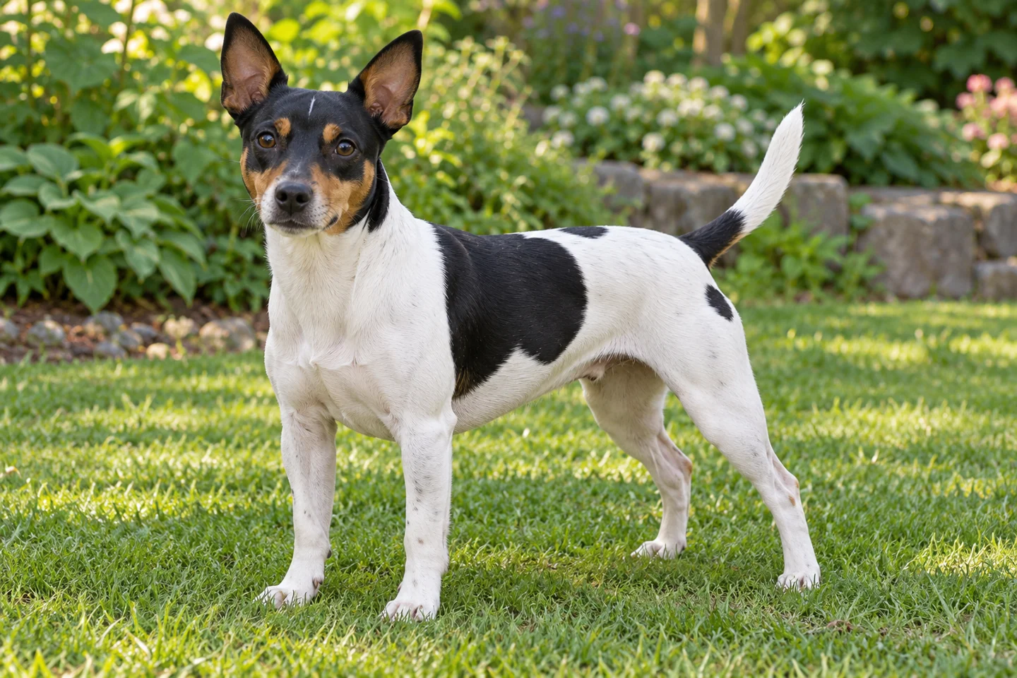 Teddy Roosevelt Terrier adult standing on level ground, illustrating white, black, and tan smooth coat
