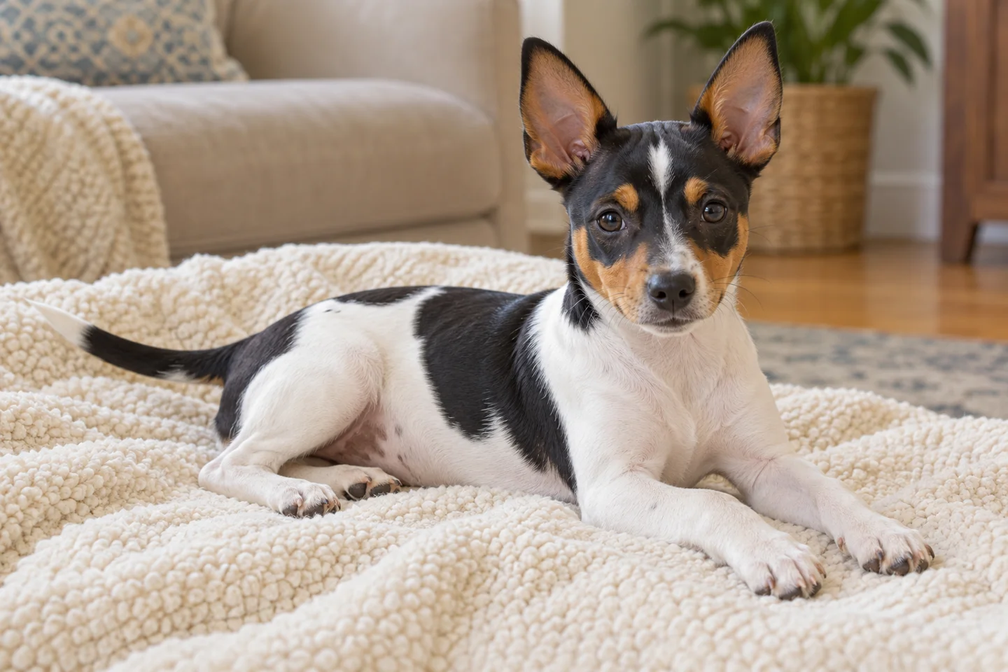 Teddy Roosevelt Terrier young puppy resting comfortably indoors, illustrating white, black, and tan smooth coat
