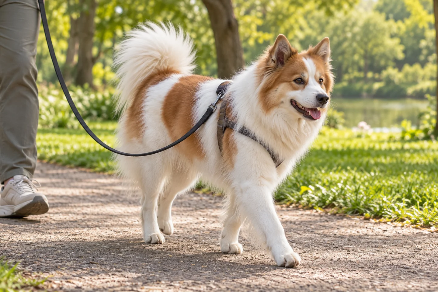 Thai Bangkaew Dog walking in a fitted harness with an adult handler, illustrating white with red-fawn patches
