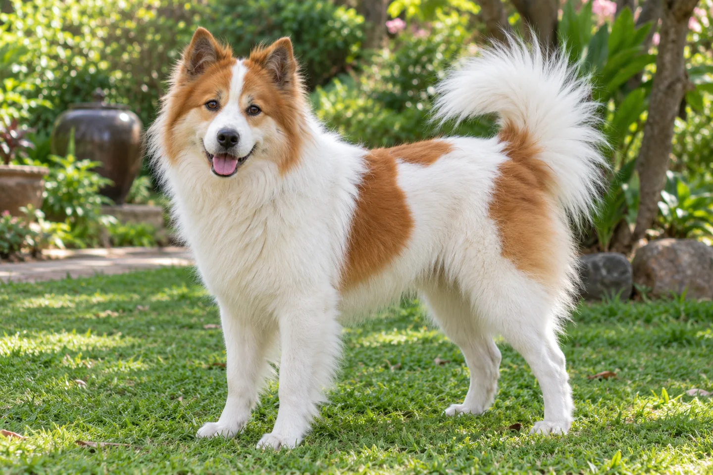 Thai Bangkaew Dog adult standing on level ground, illustrating white with red-fawn patches