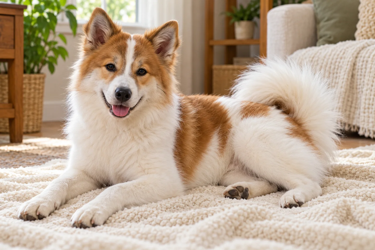Thai Bangkaew Dog young puppy resting comfortably indoors, illustrating white with red-fawn patches