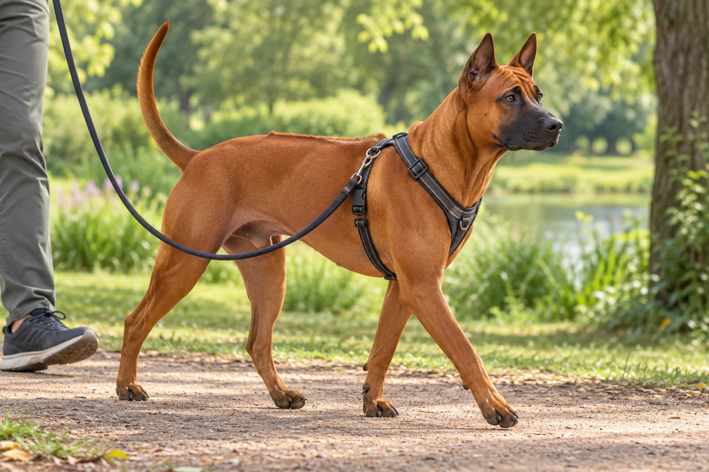 A red Thai Ridgeback walking on a slack harness lead beside an adult in a quiet park