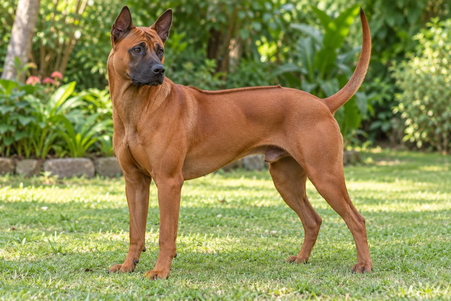 A red Thai Ridgeback with dark muzzle, upright natural ears and a visible reverse-hair ridge standing outdoors