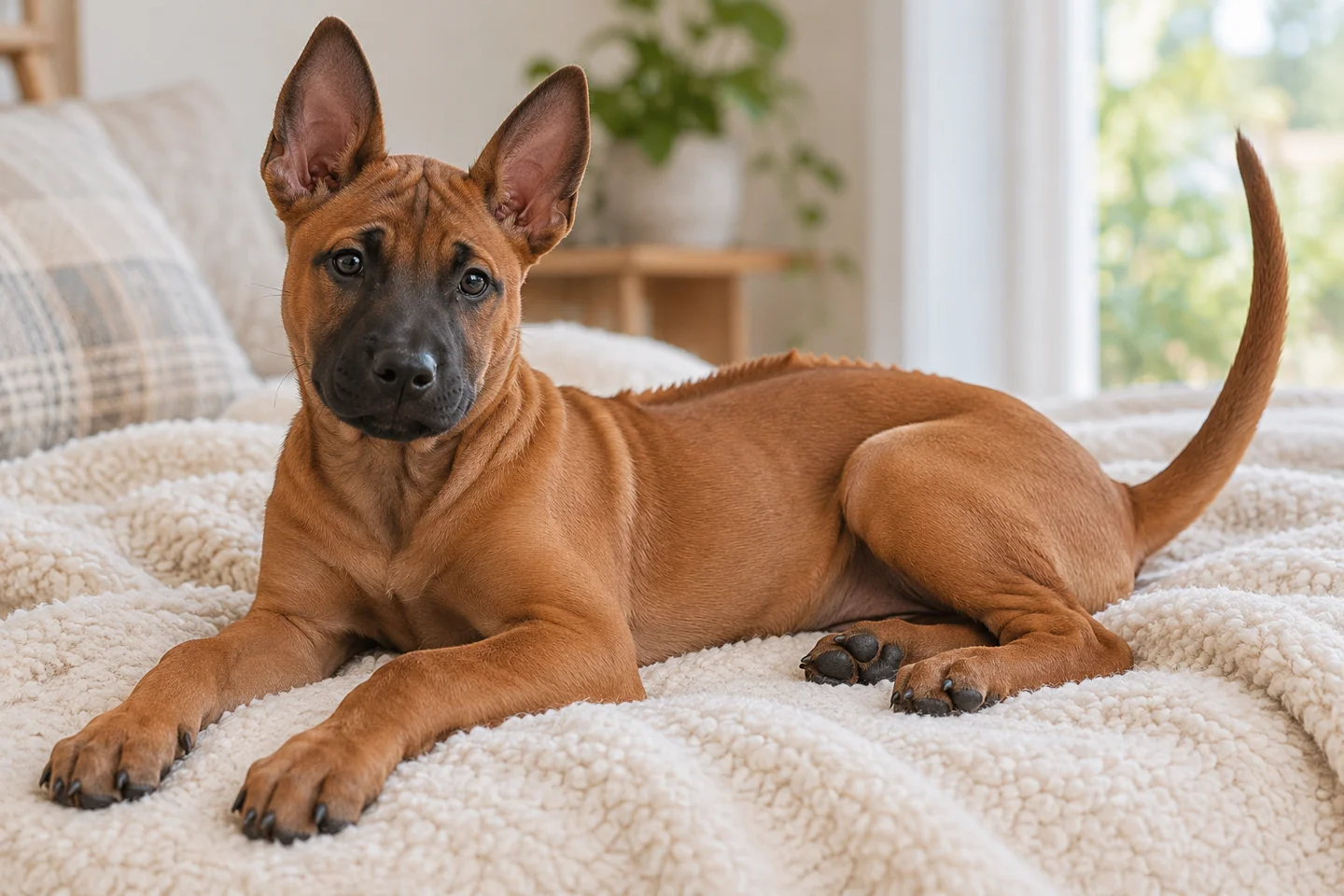 A red Thai Ridgeback puppy with a dark muzzle and developing natural upright ears resting indoors