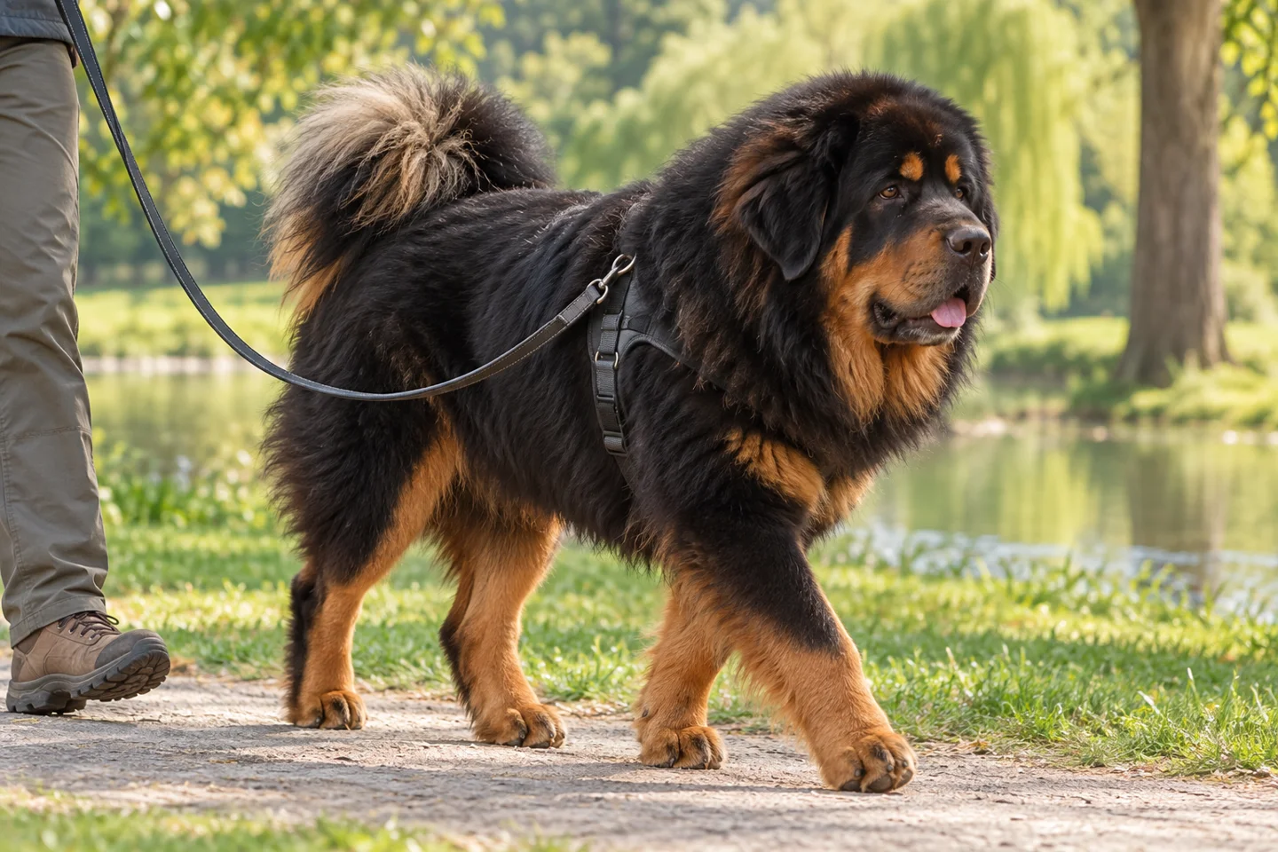 Tibetan Mastiff walking in a fitted harness with an adult handler, illustrating black and tan double coat