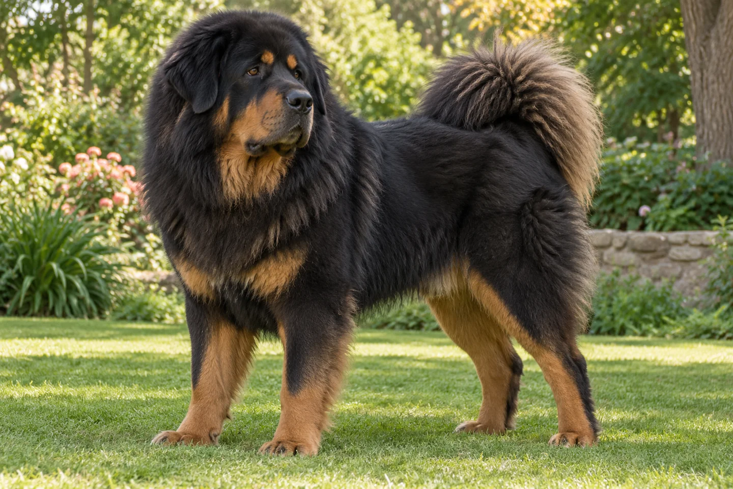 Tibetan Mastiff adult standing on level ground, illustrating black and tan double coat
