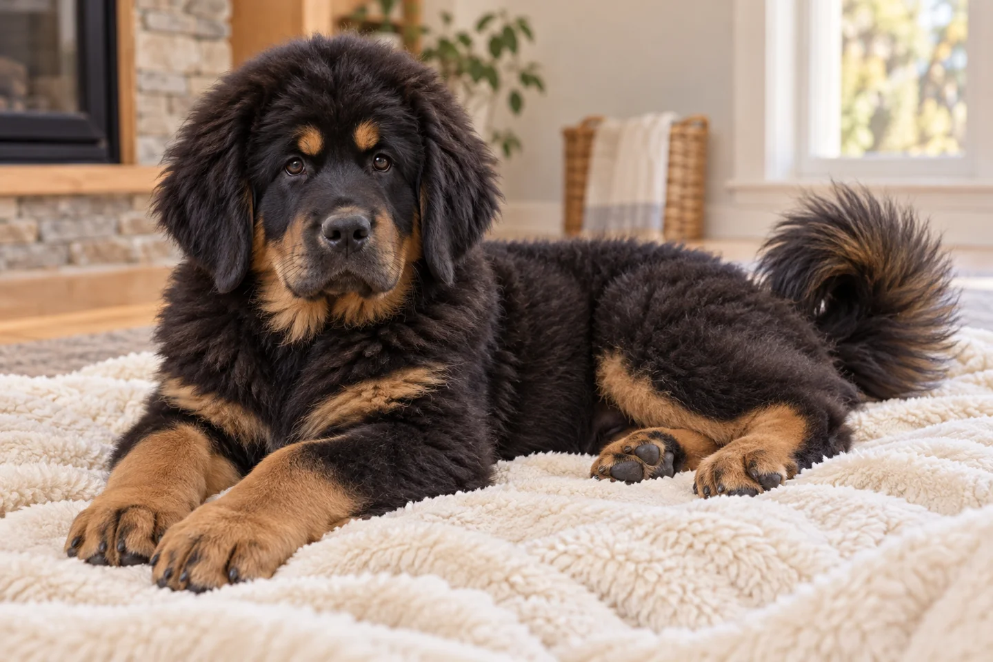 Tibetan Mastiff young puppy resting comfortably indoors, illustrating black and tan double coat